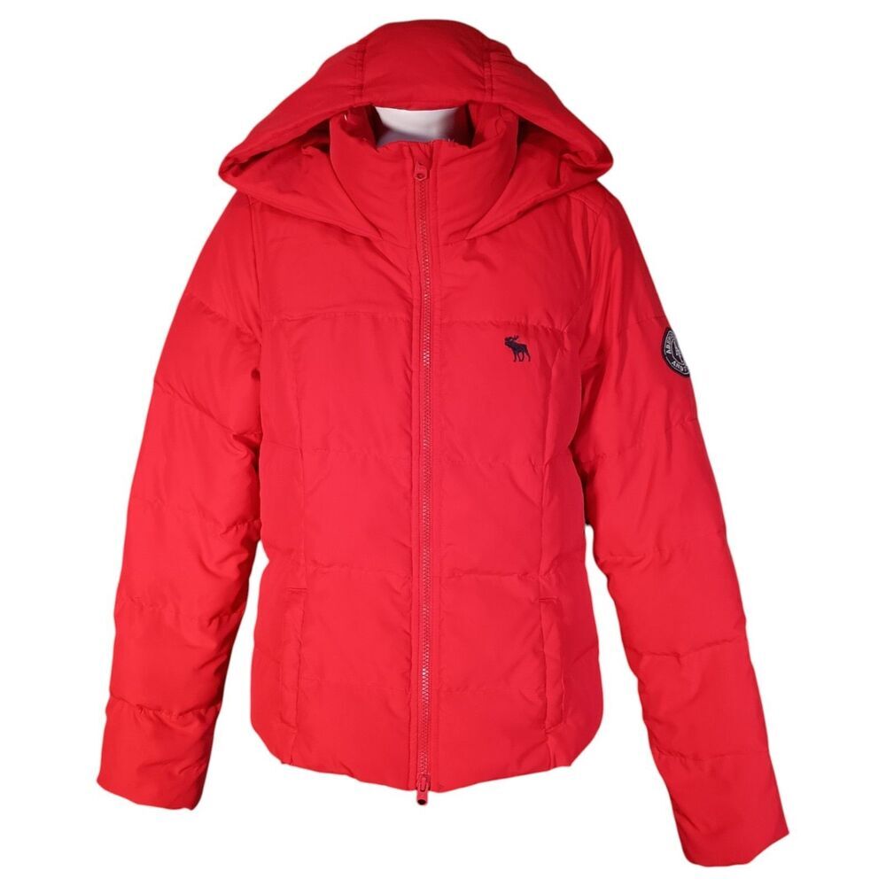 Abercrombie & Fitch Down Puffer Jacket Womens Medium Zip Quilted Crop Red Hooded